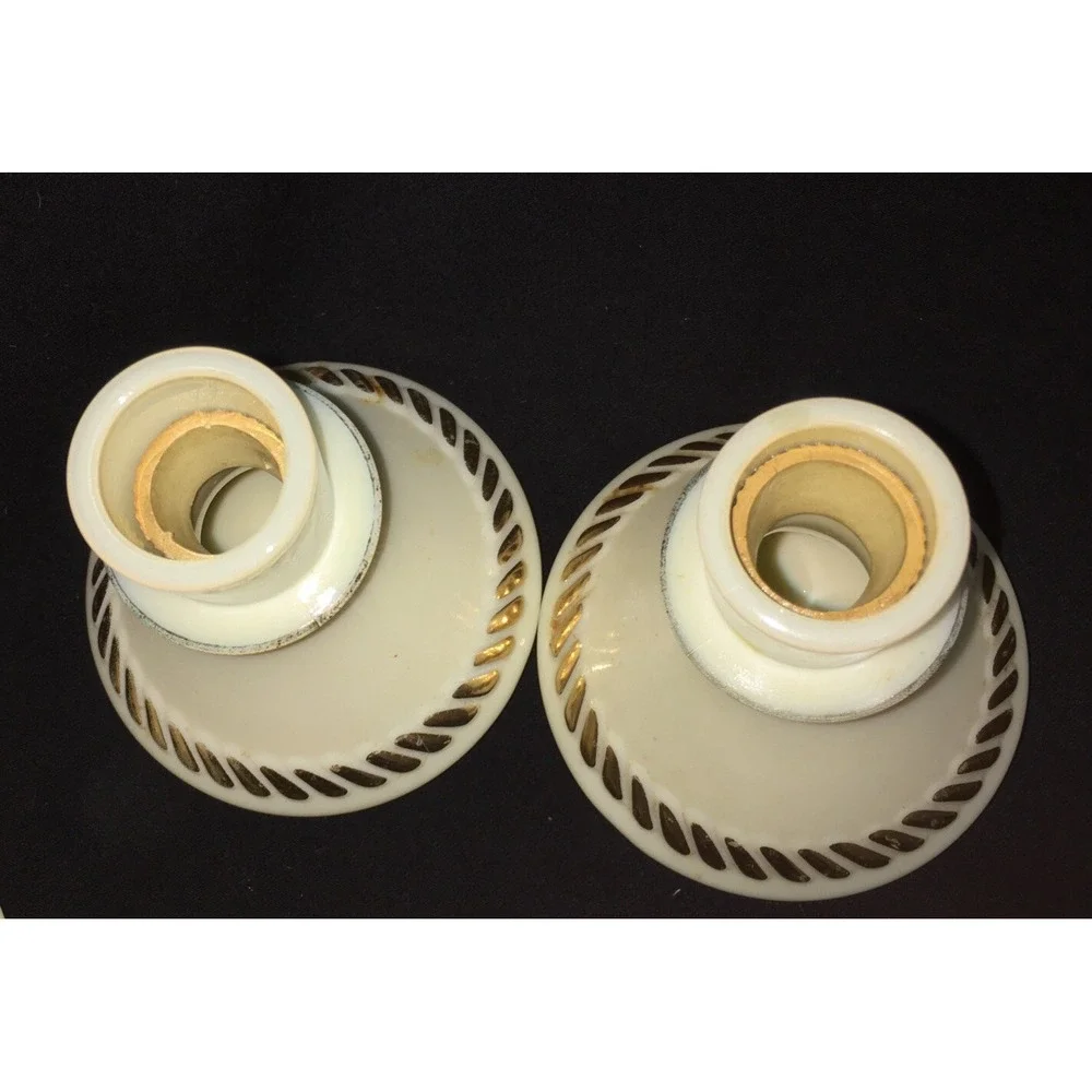 Vintage Pair Custard Glass with Gold accents Wheaton Ware Taper Candle Holders